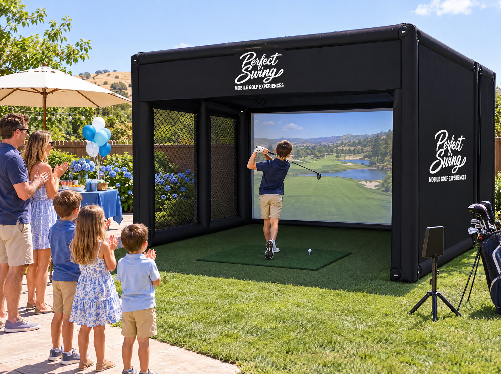 Kid swinging at a backyard birthday party golf simulator while family cheers