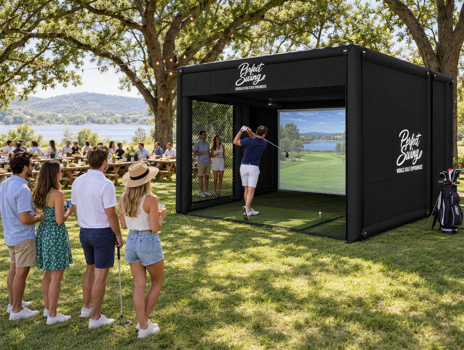 Employees at a summer picnic playing a golf simulator on the lawn
